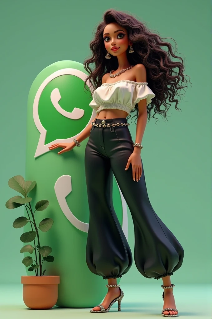 create a 3D illustration of an animated character of a beautiful 38 year old woman,long curly hair with highlights at the ends, Morena escura,eyes black,The character must wear elegant clothes,how to wear high waisted black cirre pants,loose gypsy off-the-shoulder crop top in white,acrylic painted high heel sandals,she is standing next to a social media logo *whatsapp *,The character'The background is an image from their profile page *whatsapp * co. The profile name and a profile picture matching The character.