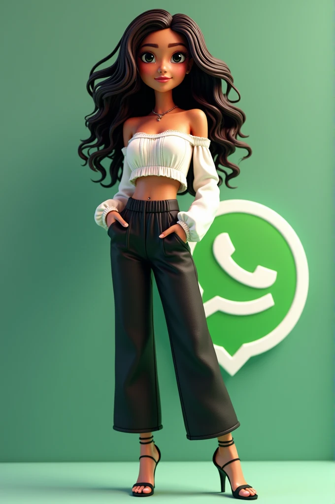 create a 3D illustration of an animated character of a beautiful 38 year old woman,long curly hair with highlights at the ends, Morena escura,eyes black,The character must wear elegant clothes,how to wear high waisted black cirre pants,loose gypsy off-the-shoulder crop top in white,acrylic painted high heel sandals,she is standing next to a social media logo *whatsapp *,The character'The background is an image from their profile page *whatsapp * co. The profile name and a profile picture matching The character.
