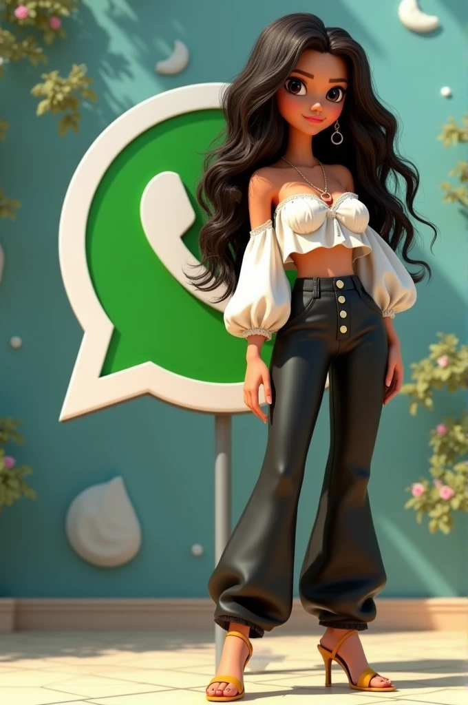 create a 3D illustration of an animated character of a beautiful 38 year old woman,long curly hair with highlights at the ends, Morena escura,eyes black,The character must wear elegant clothes,how to wear high waisted black cirre pants,loose gypsy off-the-shoulder crop top in white,acrylic painted high heel sandals,she is standing next to a social media logo *whatsapp *,The character'The background is an image from their profile page *whatsapp * co. The profile name and a profile picture matching The character.