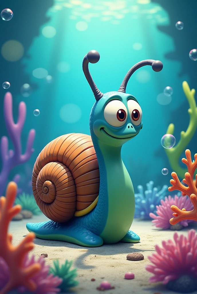 recreates an image inspired by Gary the snail from SpongeBob, following the photo provided. The character will have a similar color palette, with a blue and green body, and prominent eyes on stalks. The background will mimic the colorful and whimsical style of the SpongeBob universe., Possibly including elements such as an underwater scene with bubbles and coral-like structures