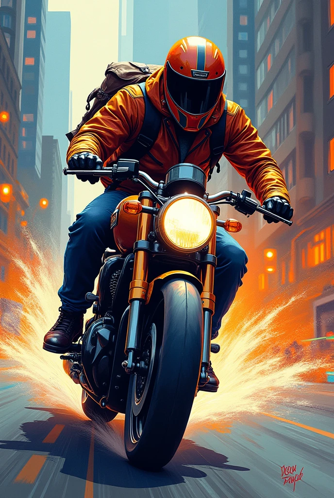 drawn in the form of a colored drawing, a man riding a motorcycle wearing a helmet and carrying a bag of jewelry on his back