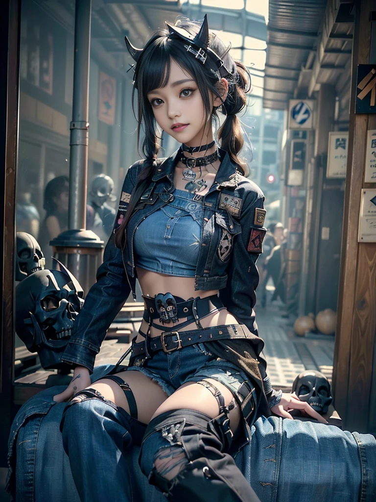 (Beautiful lips and nose:1.4)、(Long eyelashes:1.4)、(Smiling with teeth showing:1.3),(Shibuya Gal:1.5)、(Goth delicate embellished dress:1.5)、(Tattered denim and black punk rock cargo pants:1.5)、(Denim and black navy skull mark small jacket:1.4)、(denim garter belt:1.5)、(Black and denim knee socks:1.3)、(Skull Silver Accessories:1.5)、(Denim collar:1.3)、(Brown Skin Belt:1.4)、(Brown boots:1.2)、(The underwear is striped:1.4)、3、((Highest quality、In 8K、masterpiece:1.3))、Sharp focus:1.2、(Layered Cut、Huge boobs:1.1),Beautiful woman with perfect figure:1.4、(Dancing vigorously:1.3)、Slender Abs:1.2、Highly detailed face and skin texture、Detailed eyes、double eyelid,(Twin tails:1.3)、(Brown-golden hair:1.3)、Gravure idol、(The background is a vast mountain with a clear view々Beautiful luxury resort destination in Europe:1.3)、(Slim Body:1.2),(Make your legs thinner:1.4),(clavicle:1.1)