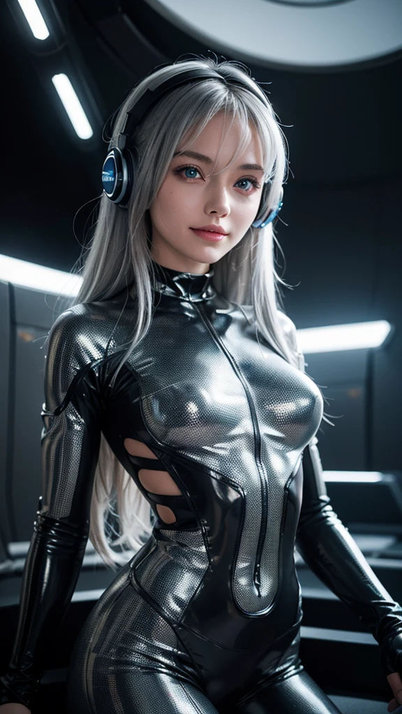 A beautiful silver-haired girl wearing headphones, a sci-fi action set on Mars in the 2500s, a body suit with a black base that emits a glow, a complex pattern that emits light, a smiling face, and blue eyes staring at you. Breasts exposed, small breasts, detailed nipples.