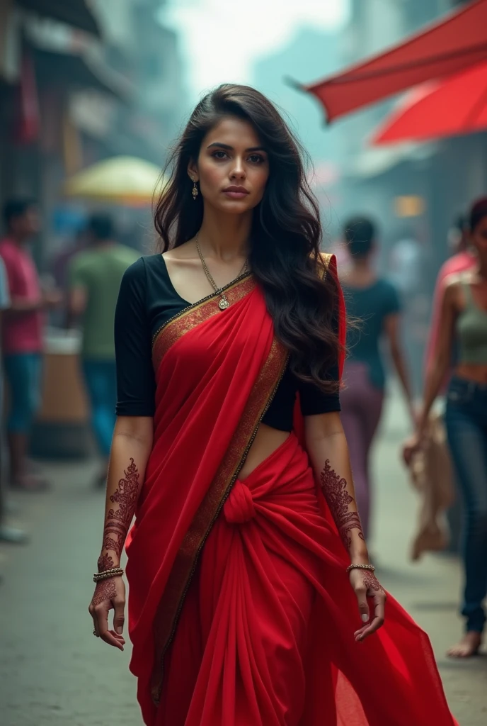 In the bustling streets of a vibrant Indian city, amidst the kaleidoscope of colors and scents, a woman (((Anne Hathaway: Selena Gomez:0.6))) clad in a vibrant red saree and a black blouse becomes an ethereal sight that captivates all who lay eyes upon her. (( huge smiling 0.3)) Her undeniable beauty transcends time and space, leaving onlookers spellbound.Describe the scene as the woman, with her graceful presence, glides through a crowded marketplace, where merchants and shoppers pause to admire her radiance. The atmosphere is alive with whispers as her mesmerizing allure evokes a sense of awe and admiration. Embark on a journey to reveal the woman’s story—her name, her background, her passions—and the reasons behind her choice of attire. Explore her persona, intertwining elements of mystery and allure, as people speculate on the secrets hiding behind her enchanting gaze.Incorporate the sights, sounds, and emotions that surround this extraordinary woman, as she navigates through the city’s vibrant tapestry. Whether it be the scent of freshly ground spices, the distant sound of temple bells, or the intricate henna designs adorning her hands, immerse the reader in the sensory experience of this captivating moment. As the story unfolds, her path intertwines with that of a curious photographer who becomes determined to capture her undeniable beauty in a single photograph. Describe their encounters, the photographer’s attempts to understand her story, and the profound impact this woman’s presence has on his own life.(Blur Background:1.6), (Blue Hue:0.8), (Auto focus:1.4)