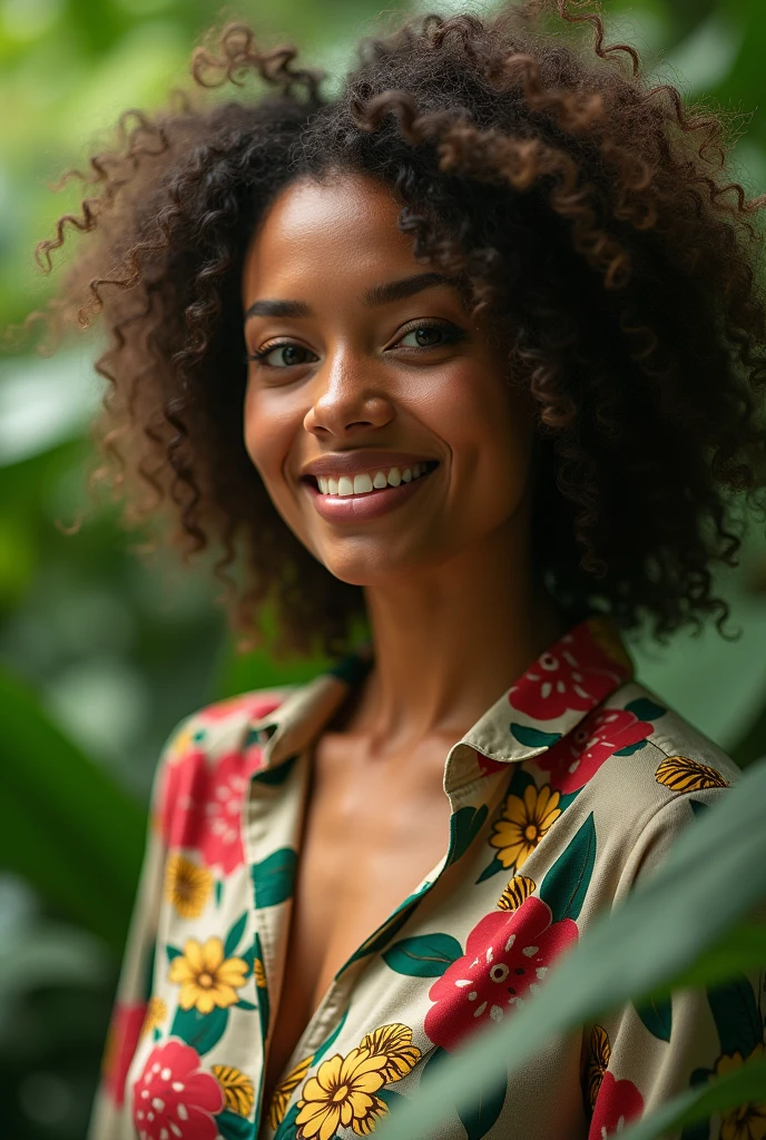 A Brazilian woman in a lush tropical garden, wearing an open shirt with a floral print, with a close-up capturing the harmonious beauty between her breasts and the natural flowers, showing off your natural charm and outgoing personality.