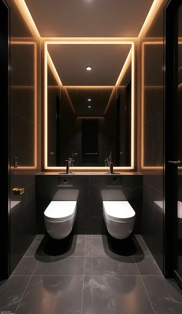 "A contemporary bathroom in a luxury apartment, with two toilets positioned in separate alcoves facing a large mirror. The space is sleek and stylish, with glossy black tiles, ambient LED lighting, and modern fixtures, providing a sophisticated setting for a shared experience."