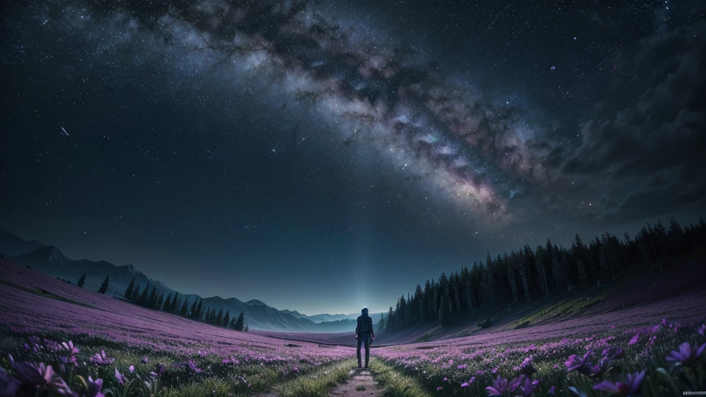 Wide landscape photography in 16 format : 9 , (a view from below that shows the sky above and the open countryside below), a boy standing in the field of flowers looking up, (fullmoon:1.2), ( shooting stars:0.9), (nebula:1.3), distant mountain, tree, production art, (Warm Light Source:1.2), (firefly:1.2), Light bulb, very purple blue and pink, details Intricate, volumetric lighting, BREAKING realism (work of art:1.2), (best qualityer), 4K, ultra detali, (dynamic composition:1.4), highy detailed, colorful details,( Iridescent Colors:1.2), (bright lighting, atmospheric lighting), dreamers, magical, (standing alone:1.2), octane rendering