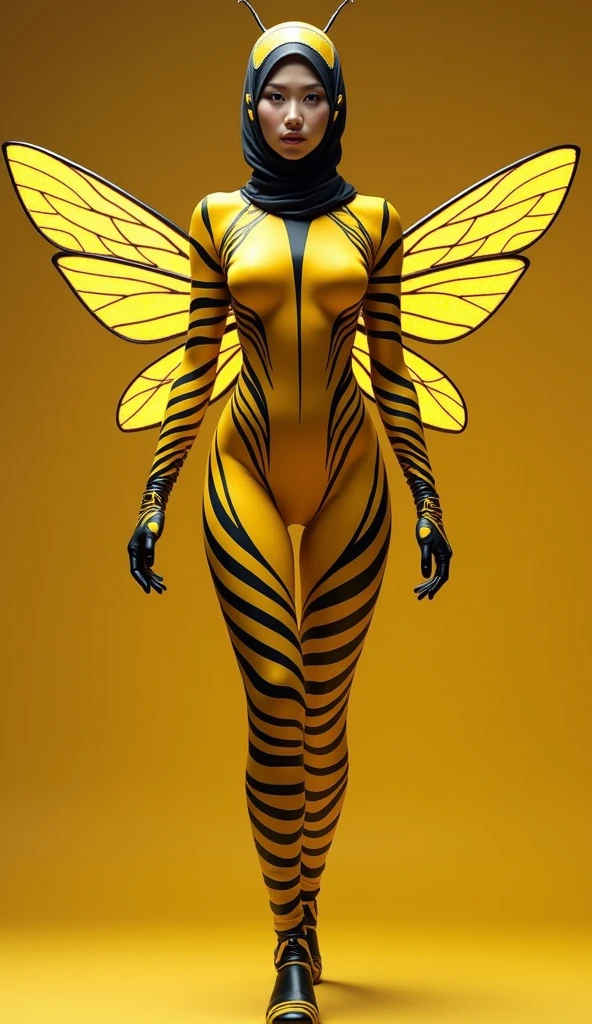 a beautiful and thin malaysian asian muslim adult girl with a shiny and beautiful face wears yellow bee lycra turtleneck unitard catsuit covered with black stripes with a pair of wings and always wear bee lycra dancewear hijab covered with black stripes.