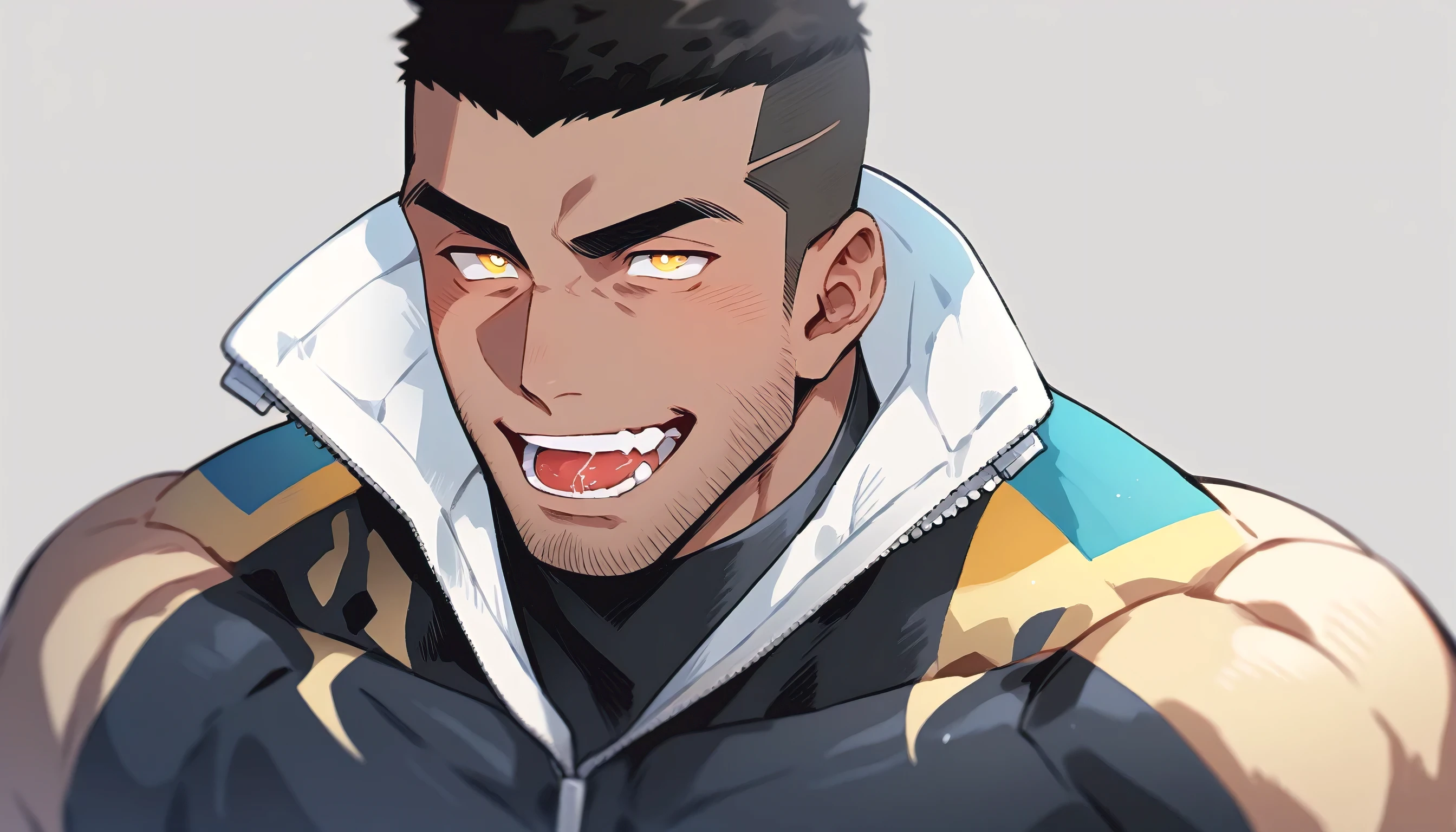 anime characters:Priapus, Muscle Sports Student, negro black skin, 1 dark skin muscular tough guy, Buzz Cut,Manliness, male focus, High collar spandex tights, Very tight, Round, full and perky chest muscles, Slightly transparent, muscular male, muscular, only, Upper body, alone, Black short hair, Thick eyebrows, stubble, Yellow eyes, Grey background, simple background, amazing quality, best aesthetics, Ridiculous, bright pupils, crew cut, parted lips, seductive smile, torogao, naughty face, moaning, saliva, saliva trail, negative space, best quality