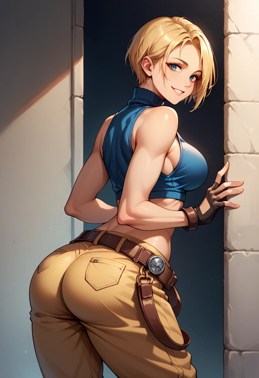 score_9, score_8_up, score_7_up, BREAK, score_9, bmarydg, blonde hair, short hair, smile, sleeveless turtleneck, sleeveless, baggy pants, loose belt, crop top, blue_Pants, fingerless gloves, blue eyes, looking at viewer, cowboy shot, ass, from behind, dark room