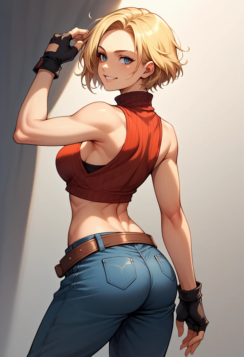 score_9, score_8_up, score_7_up, BREAK, score_9, bmarydg, blonde hair, short hair, smile, sleeveless turtleneck, sleeveless, baggy pants, loose belt, crop top, blue_Pants, fingerless gloves, blue eyes, looking at viewer, cowboy shot, ass, from behind, dark room