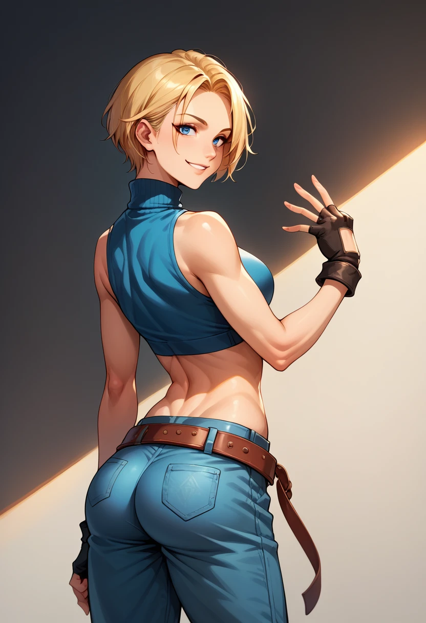 score_9, score_8_up, score_7_up, BREAK, score_9, bmarydg, blonde hair, short hair, smile, sleeveless turtleneck, sleeveless, baggy pants, loose belt, crop top, blue_Pants, fingerless gloves, blue eyes, looking at viewer, cowboy shot, ass, from behind, dark room