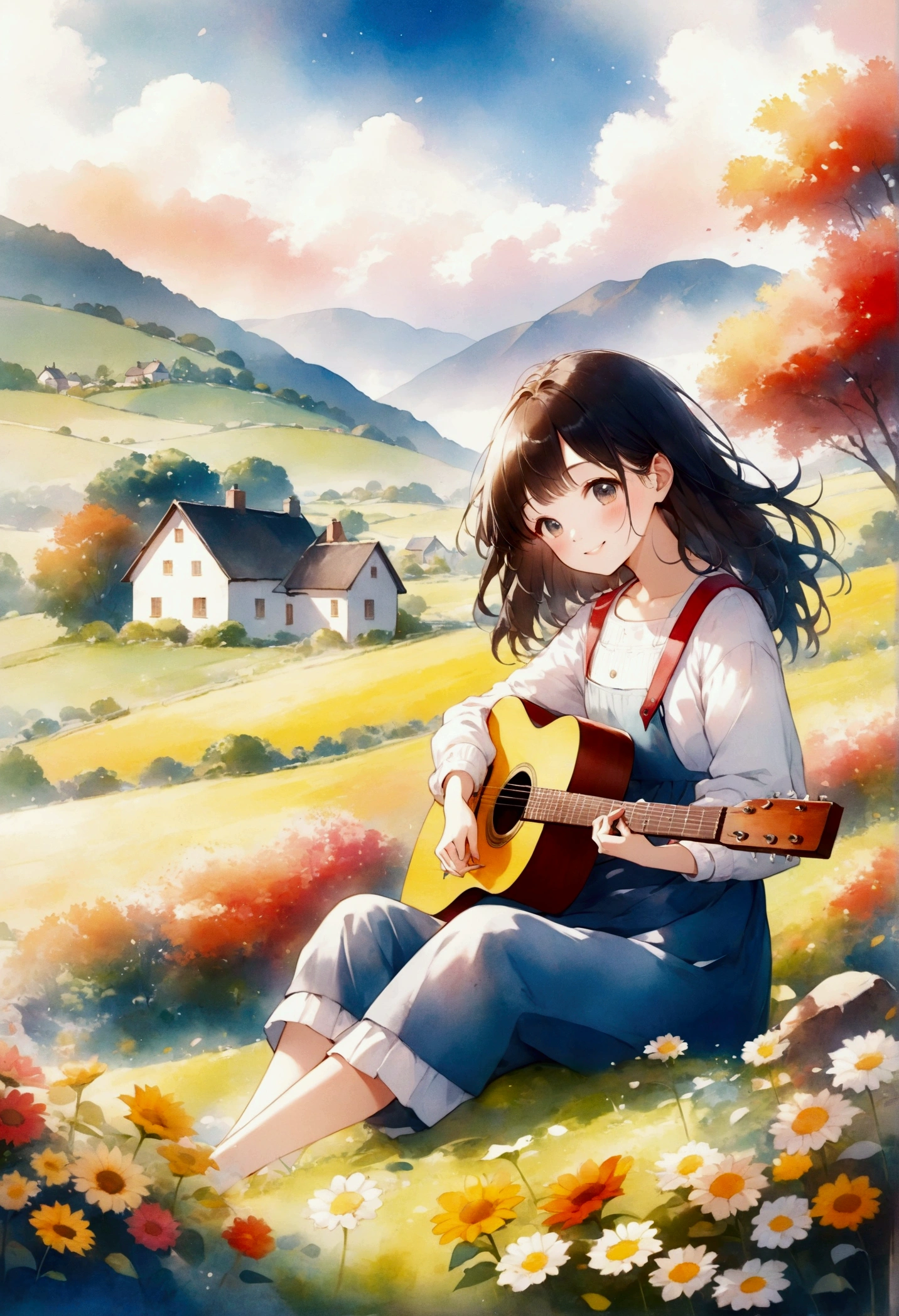 Painting of a smiling girl sitting in a field and playing guitar, Beautiful Anime, Anime countryside landscape, Beautiful peaceful scene in anime, Anime Cover, Art Cover, arte koto no ha no niwa, Girl playing guitar, Landscape painting, beautiful sunflower, koto no ha no niwa, Official artwork, Anime Background Art, In the countryside, LOFI Girl