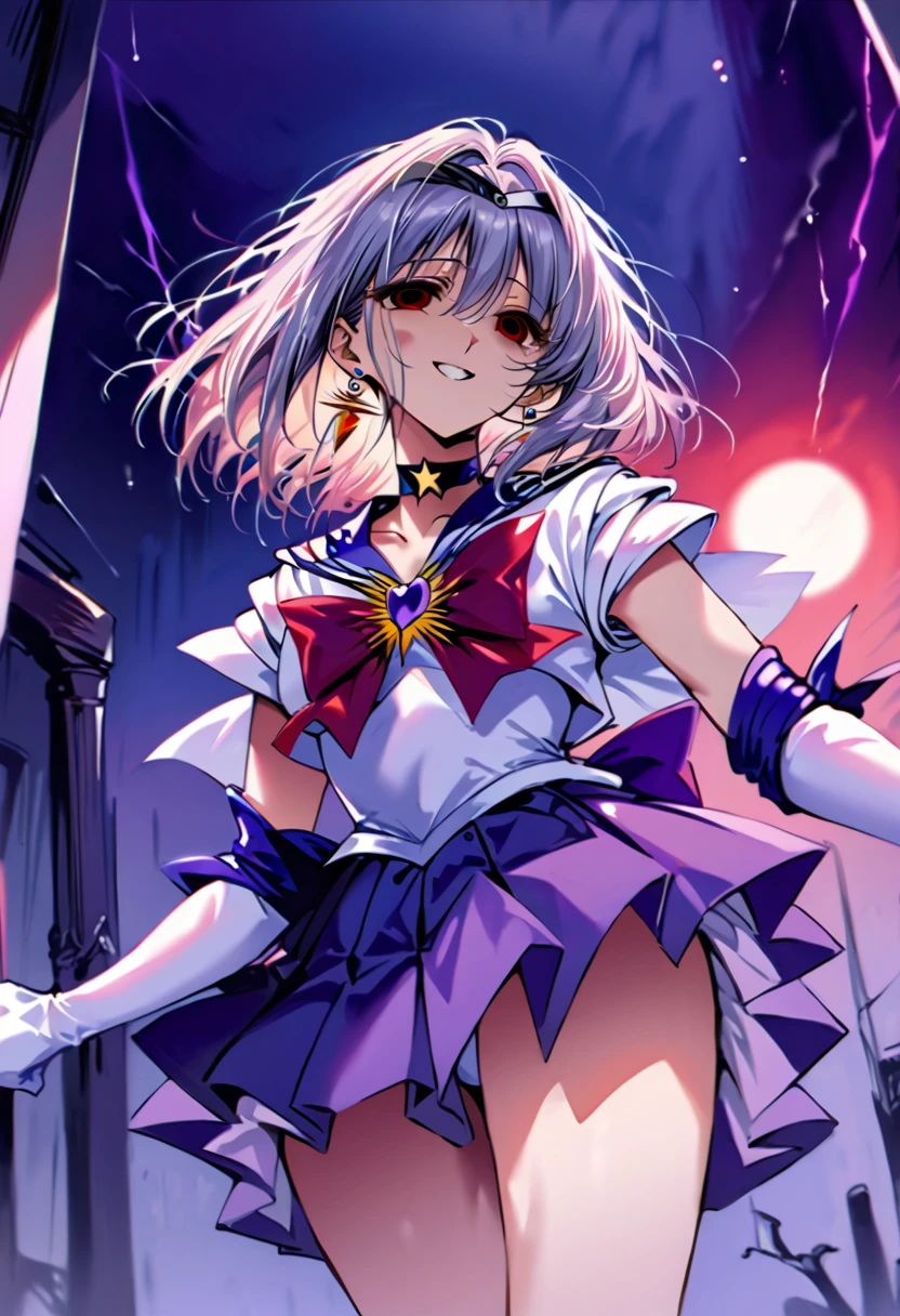 (masterpiece, Highest quality, so beautiful, Very detailed), Intricate details, 12k, Honestly,In awe of the Sailor Saturn XL,sailor senshi uniform,jewelry,skirt,choker,star choker,sailor collar,bow,brooch,star brooch,purple sailor collar,purple skirt,gloves,tiara,short hair,white gloves,earrings,elbow gloves,pleated skirt,, Are standing, Cowboy Shot,,(Wicked Smile:1.2), One person,(Silver Hair:1.4),(empty eyes,:1.4),From below,Watching the dawn,Dark aura,View your audience,(red eyes:1.2),