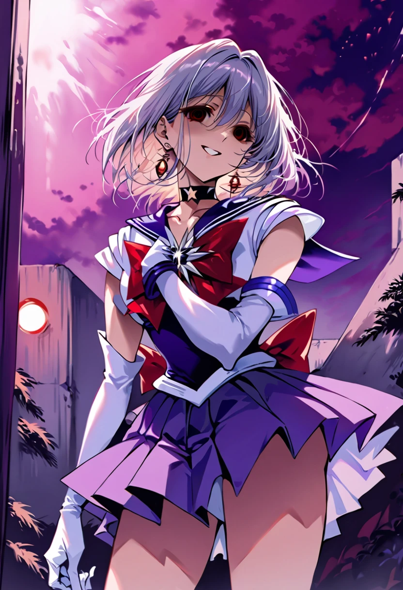 (masterpiece, Highest quality, so beautiful, Very detailed), Intricate details, 12k, Honestly,In awe of the Sailor Saturn XL,sailor senshi uniform,jewelry,skirt,choker,star choker,sailor collar,bow,brooch,star brooch,purple sailor collar,purple skirt,gloves,tiara,short hair,white gloves,earrings,elbow gloves,pleated skirt,, Are standing, Cowboy Shot,,(Wicked Smile:1.2), One person,(Silver Hair:1.4),(empty eyes,:1.4),From below,Watching the dawn,Dark aura,View your audience,(red eyes:1.2),