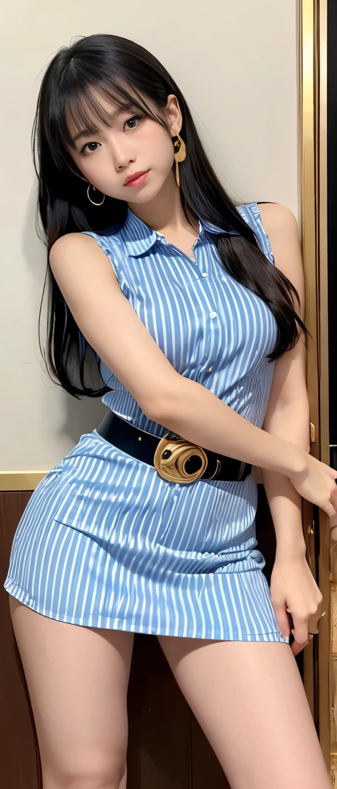 Gorgeous idol girl、whole body、Good style、、、、、、、、、、Thick legs、、、Gold steam tight dress、Shiny Blue Striped Shirt(Sleeveless)、Cool girl face、、Southern Island、、Circle Belt、