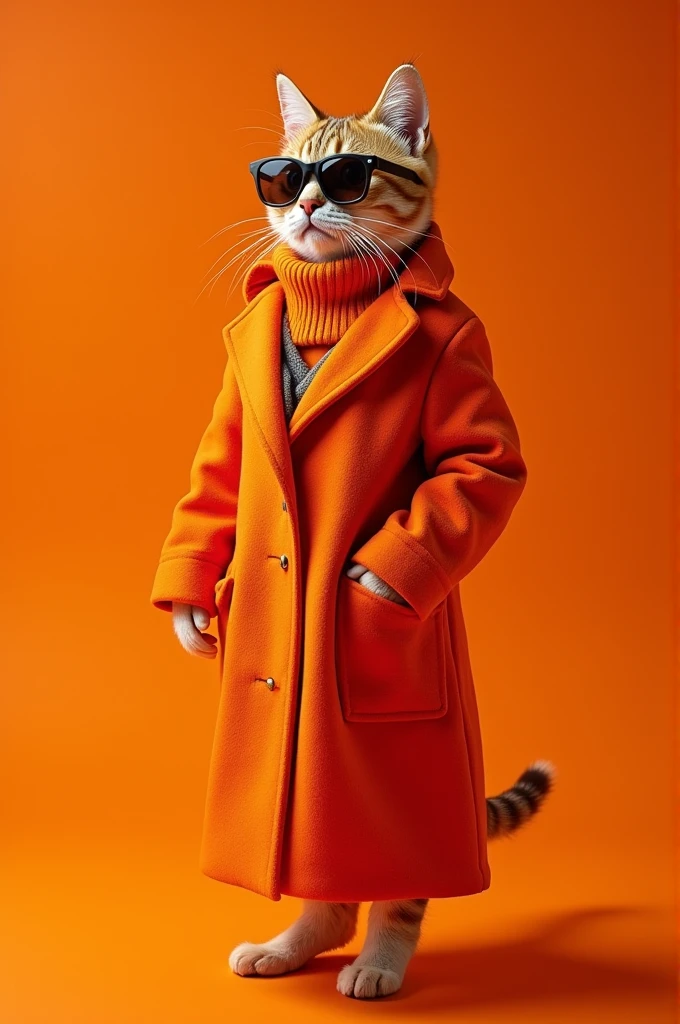 best mobile wallpaper, Award-winning wallpapers, Portrait Photography, On the front、Here's a portrait of a cute cat dressed in mid-1960s space age fashion, Side View Shot, Photographed with Canon EOS R5, Set sharp contrast to make your subject stand out, fluorescent orange, Wearing a very fashionable lounge coat and sunglasses、It's a hip 1960s style., All clothing is monochromatic, Beautiful background