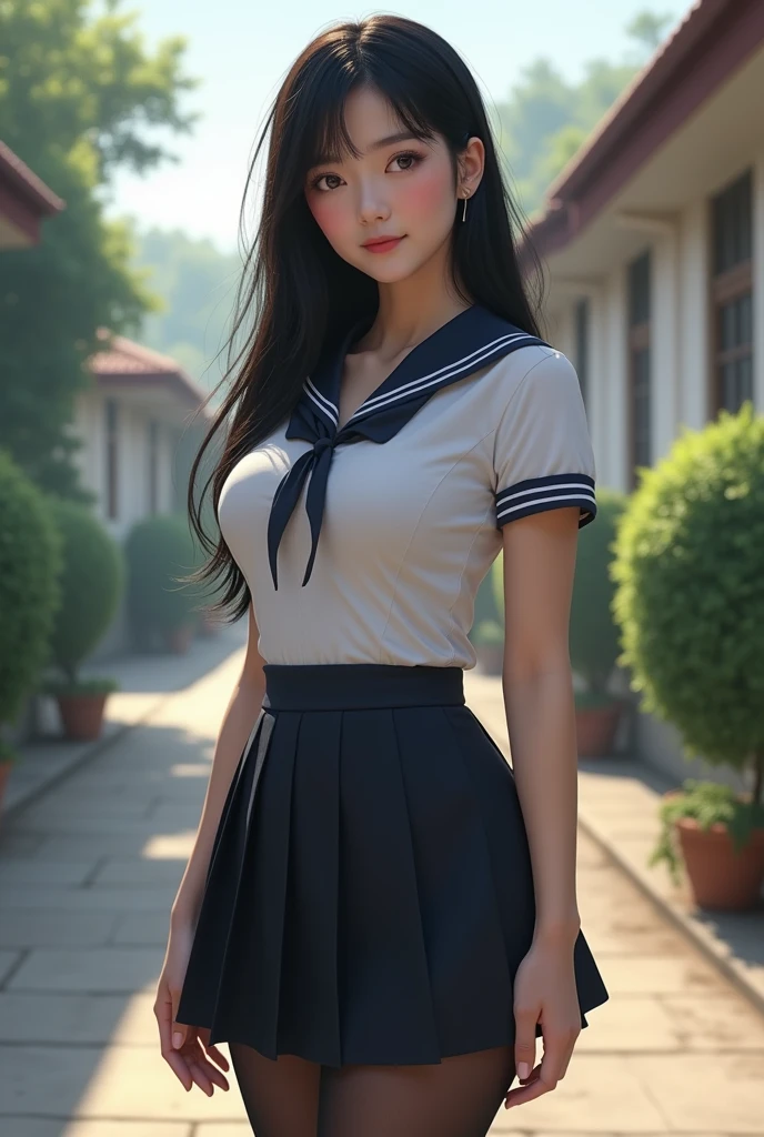 Young woman, Twenty years old, Black hair, beautiful face, Asian style, Fair Skin, Big breasts,Thin waist, Big butt, Wearing a teacher&#39;s uniform, Legs wearing black stockings, behind school, Realistic style 

