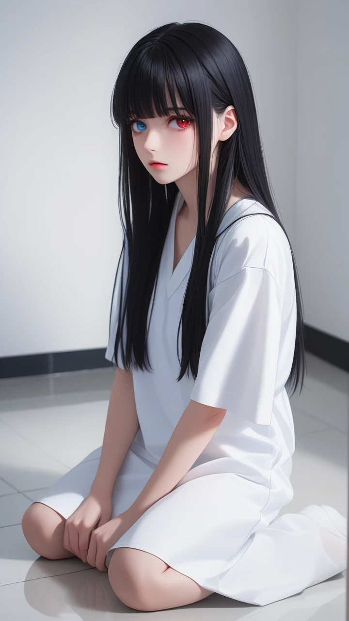 High quality image; black background; landscape photo; woman with long straight black hair, bangs, her blue and red heterochromia eyes; western face; age:1; sad; white hospital clothes; sitting on the floor, hands tied; It's in an empty room with white walls.