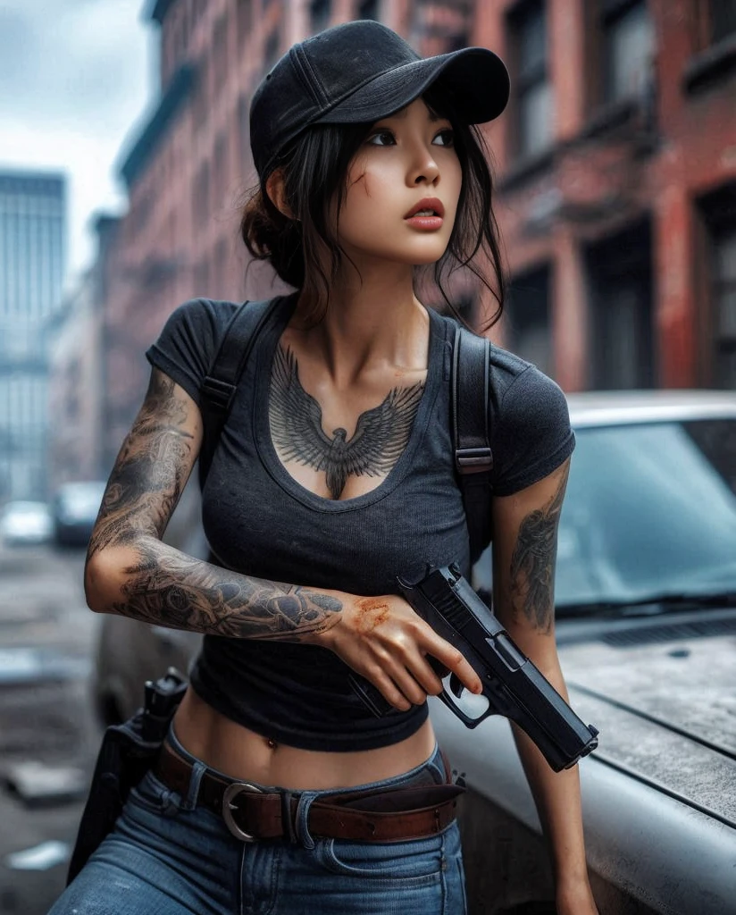 8k,Realistic Photo、Realistic Skin Texture、Superrealism、Japanese women living in America、General citizens、Civilian、Tattoo、cap、jeans、Short sleeve shirt、Beauty、American cityscape、Old building、Pistol、Covered in scars、It is dirty、muscle、The background is out of focus、Dramatic Images、Battleground、The strongest woman、Former Marine、abandoned car、Be vigilant