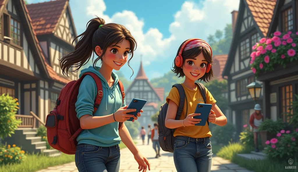 Tow gaming girl looking a village