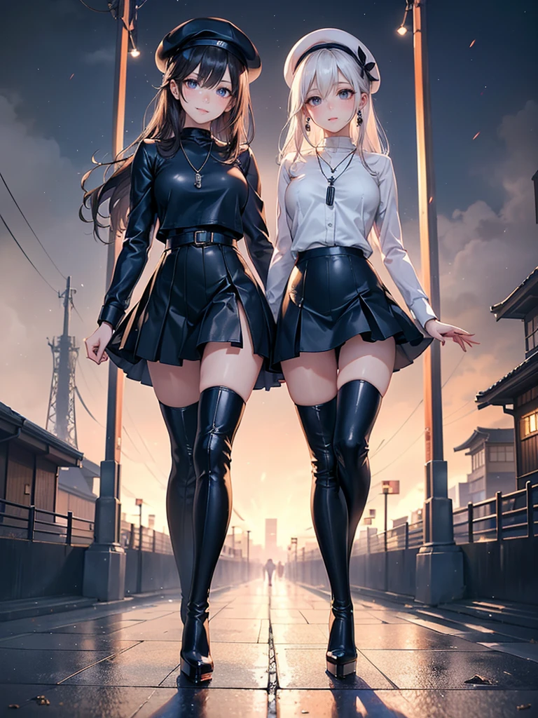 ((Biologically correct limb count)),(( From head to toe,Full-body photo including face)),4K,masterpiece,((Focus on the face)),((Symmetrical facial features)),Eyes with detailed description,Beautiful woman,Great style,Beautiful arms,Beautiful legs,Beautiful Hands,(Small Ass,Thin thighs),Detailed depiction of the face,Small earrings,necklace,(Navy leather clothes,skirt((High heels,Thigh-high boots))),Fantastic photos,Shortcuts,Stand at an angle,Alluring,beret,(Outdoor,Tokyo in the early morning with thick fog;1.2),(multiple:-1),walking