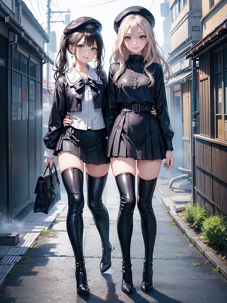 ((Biologically correct limb count)),(( From head to toe,Full-body photo including face)),4K,masterpiece,((Focus on the face)),((Symmetrical facial features)),Eyes with detailed description,Beautiful woman,Great style,Beautiful arms,Beautiful legs,Beautiful Hands,(Small Ass,Thin thighs),Detailed depiction of the face,Small earrings,necklace,(Navy leather clothes,skirt((High heels,Thigh-high boots))),Fantastic photos,Shortcuts,Stand at an angle,Alluring,beret,(Outdoor,Tokyo in the early morning with thick fog;1.2),(multiple:-1),walking