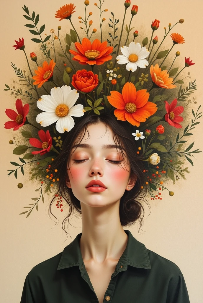 lady with flowers on her head is an acrylic painting, in the style of lucy glendinning, tony diterlizzi, organic and naturalistic compositions, floral explosions, ferris plock, light orange and brown, serene faces --ar 3:4 -