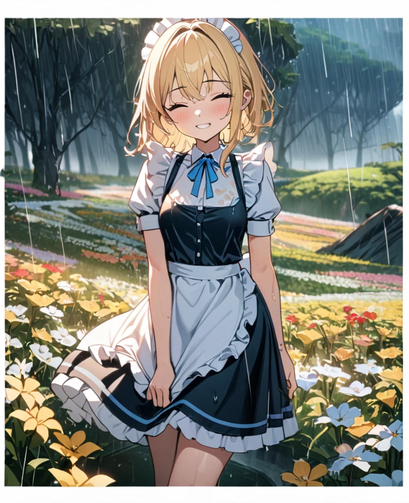 (8k, super high quality, masterpiece), (detailed), One Woman, Small breasts, blonde, cute, A little longer, Blue ribbon, Apron dress, Maid clothes, Fantasy, Paradise, wood, Flower Field, rain, 天気rain, sunny, Wet, Date, like, The best smile, Mouth is open, Eyes closed,