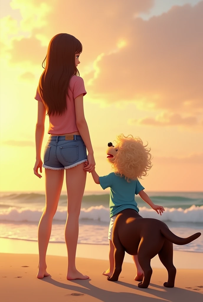 Create a light brown woman image, long straight brown hair, she is wearing jean shorts and a pink blouse, She has her back. And a , blond, curly hair, big and messy, wearing a blue shirt and white shorts playing with a chocolate labrador, adult size. Everyone is on the sand at the beach at sunset.