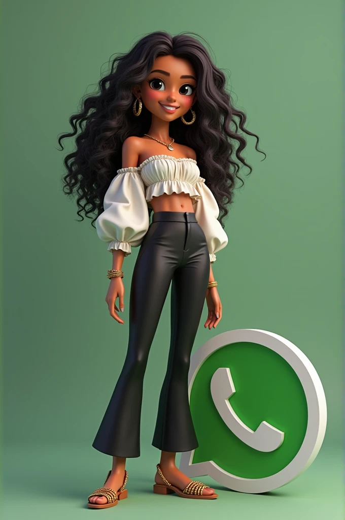 create a 3D illustration of an animated character of a beautiful 38 year old woman,long curly hair with highlights at the ends, Morena escura,eyes black,The character must wear elegant clothes,how to wear high waisted black cirre pants,loose gypsy off-the-shoulder crop top in white,acrylic painted high heel sandals,she is standing next to a social media logo *whatsapp *,The character&#39;The background is an image from their profile page *whatsapp * co. The profile name and a profile picture matching The character.