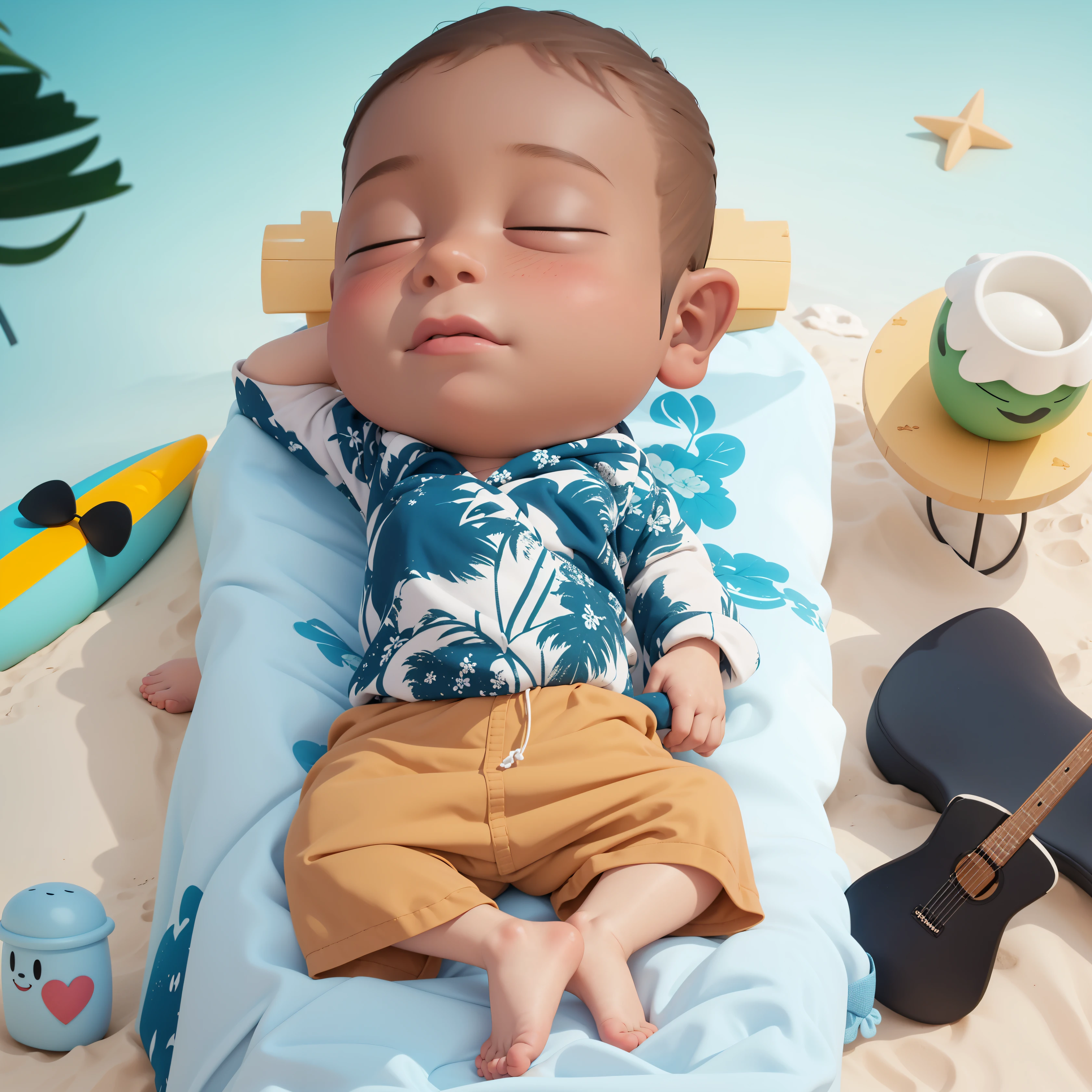 there is a baby that is laying on a blanket on the beach, vacation photo, photoshot, foto, it's is relaxing on a beach, 3D render, 3D Cartoon, big head, cartoonish look, high resolution, super detail, soft lighting