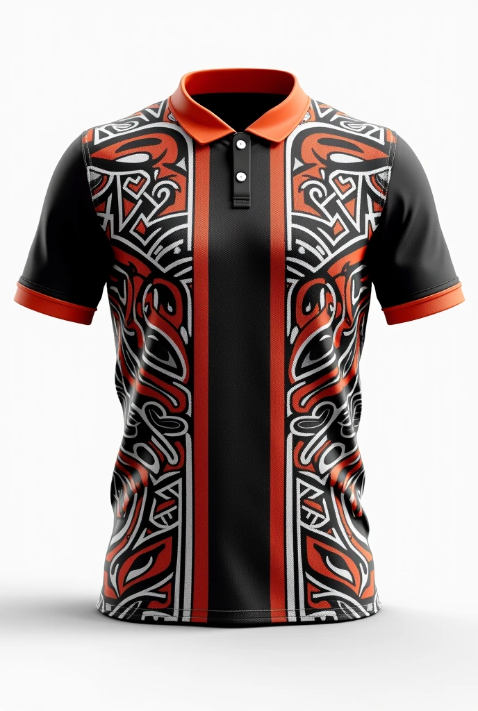 Create rugby jersey maori Samoa tribe full pattern black white red retro black orange collar white background front and back design side by two side clear design