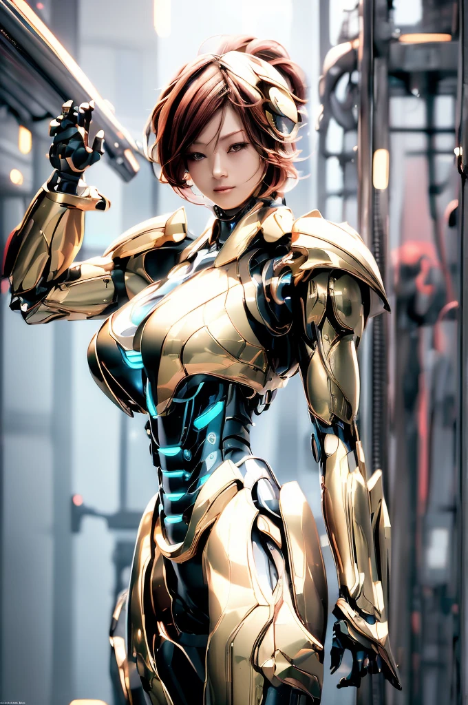 Highest quality, masterpiece, figure, (Realistic, photo-Realistic:1.37), wonderful, In detail, Incredibly absurd, Large file size, Very detailed, High resolution, Very detailed CG Unity 8k wallpaper, Very detailed目と顔, Ray Tracing, Browsing Caution, NUDE, One girl, Korean cyborg girl is innocent and young々Has a sly expression. She poses boldly with her arms raised above her head, Revealing her voluptuous figure. She is wearing a small black mecha armor top that barely covers her breasts., Exposing most of her flawless skin. Her shoulders and head have more armor detailing.、There are shining highlights, Tech Panels and Mechanisms. She is standing against a futuristic cityscape lit up with vibrant neon lights.、Standing full of energy。.