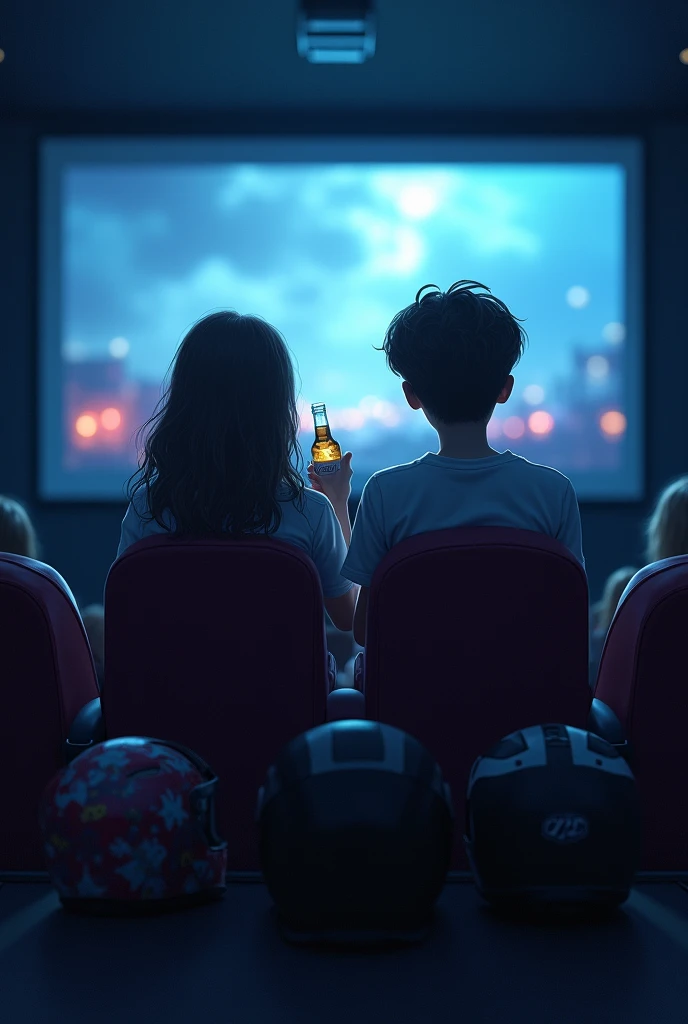 Let&#39;s say a girl and a boy are sitting in a cinema watching a movie, let&#39;s say the girl has a bottle of drink and the boy has popcorn, let&#39;s say they are holding it in their hands and it should be taken from behind, because they will be holding it in their hands, let&#39;s say they have a motorcycle helmet on.
