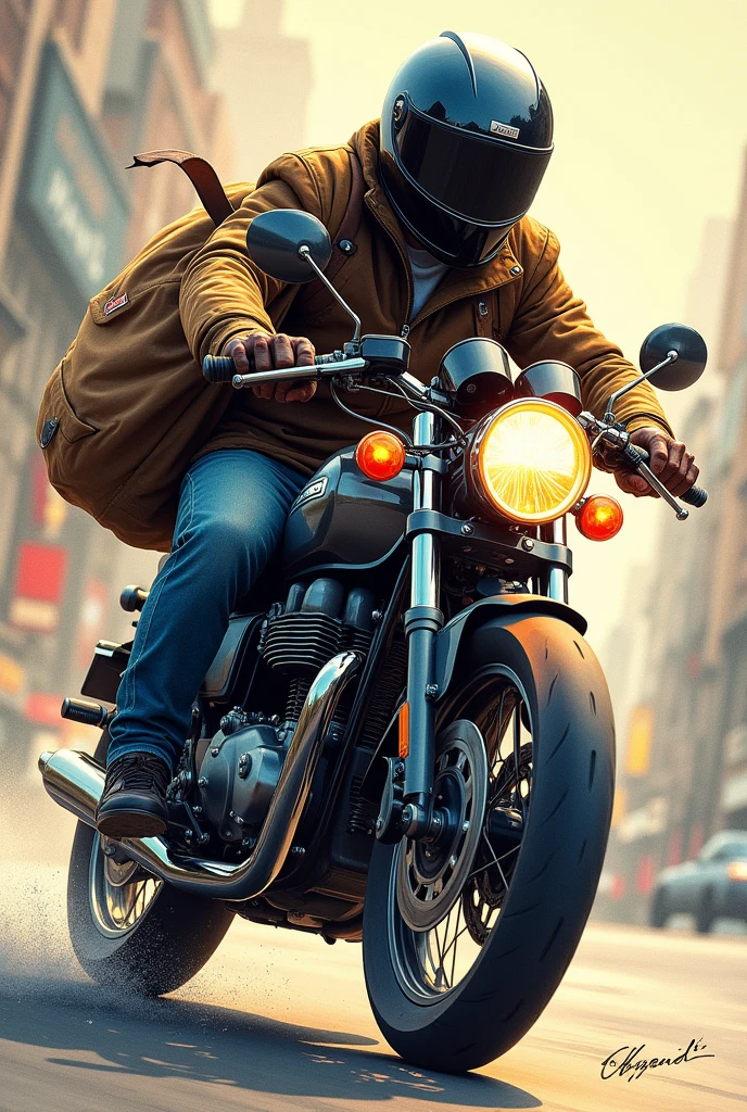 drawn in the form of a colored drawing, a man in profile riding a motorcycle wearing a helmet and carrying a bag of jewelry on his back