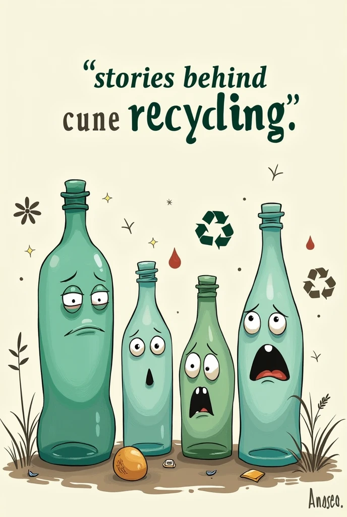 Hello, I want an image in 720 x 1280 resolution with the text "Stories behind recycling" in Spanish
La imágen debe decir exactamente "Stories behind recycling" in Spanish, without spelling mistakes the image must have surprised and sad plastic bottles. It must also have recycling symbols. The image must be in cartoons.