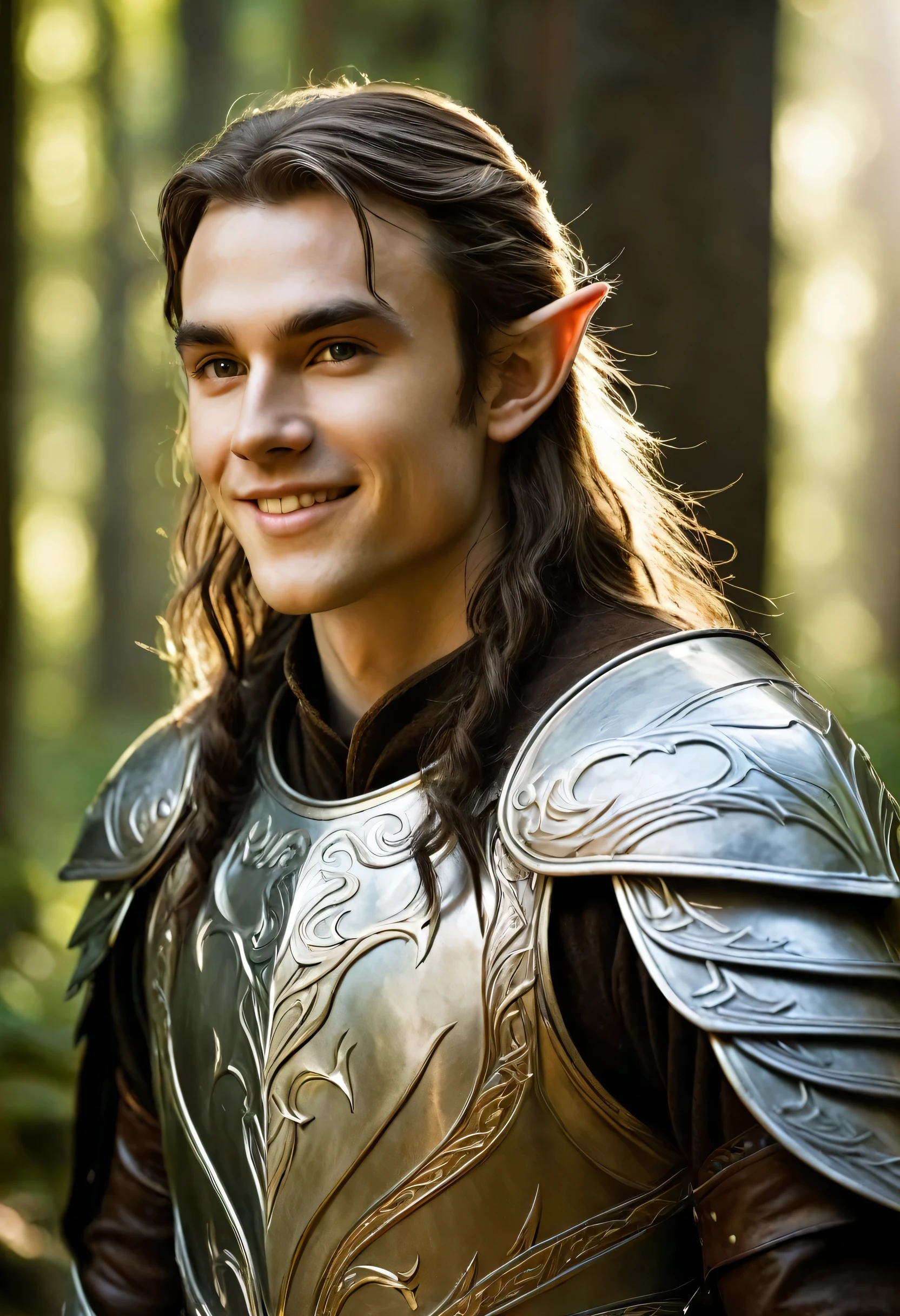 Create a high-quality image of a young beautiful, charming and smiling young male elven warrior, clad in fine leather elven armor. The elf should have sharp, angular features, with piercing, determined eyes and long, flowing hair that partially covers his pointed ears. His posture is confident and poised, ready for battle. The background should depict a dense, ancient forest near a river, with beams of light filtering through the trees, highlighting the warrior's presence. The atmosphere should convey a sense of strength, agility, and otherworldly grace