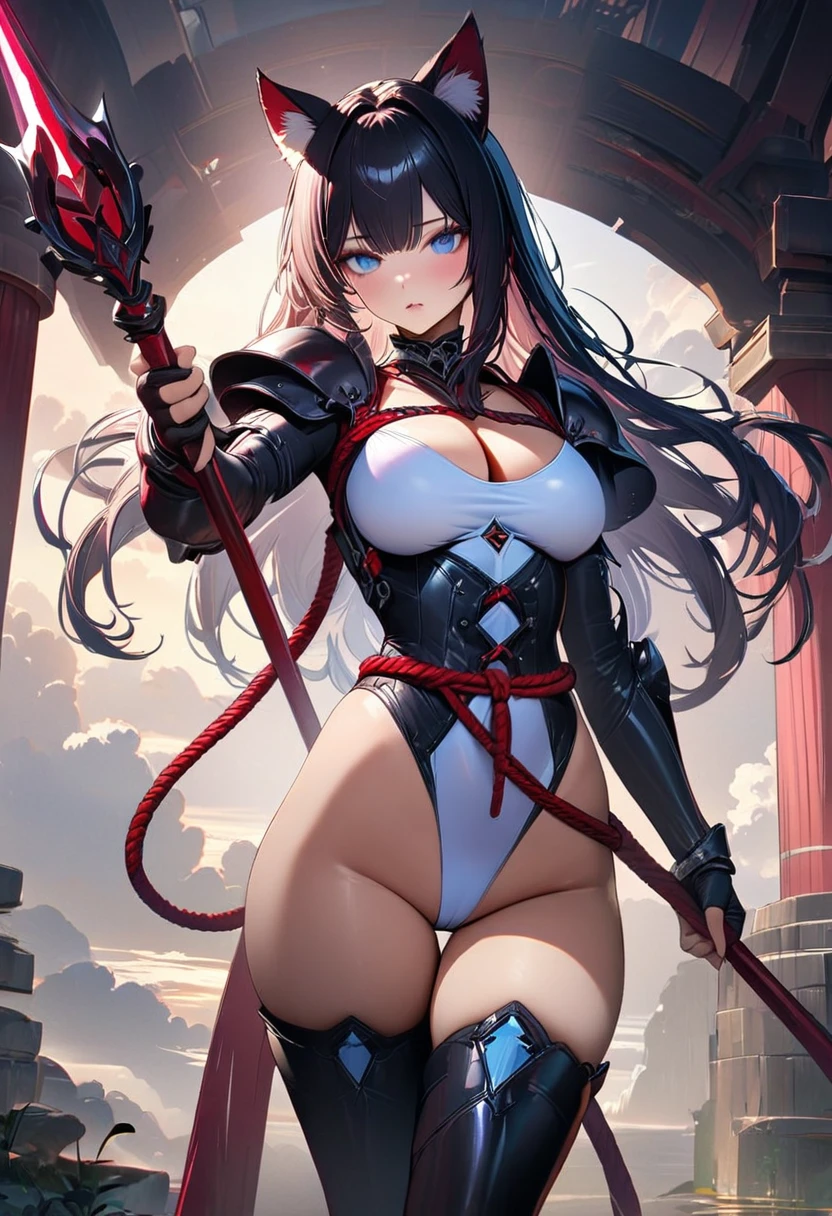 ((solo)), 1girl, ((curvy)), ((skindantation: 1.2)), perfect face, ((azur lane)), ((samurai armor)), ((skin-tight light pink leotard)), ((Red rope body harness: 1.3)), (ultra high leg cut: 1.2), ((Rope belt)), (gauntlet), ((black glossy hair long straight hair)), ((Compressed soft large breasts)), (thighs), ((tight thigh boots)), ((cleavage)), zettairyouiki, Perfect and beautiful blue eyes, Perfect hands, perfect fingers, Cat ears, (makeup: 0.8), (cameltoe: 0.8), cowboy shot, Holding a spear in hand, Ready your spear, ((UHD)), ((masterpiece)), ((hyperrealistic)), anatomically correct, accurate, high quality, extremely detailed,