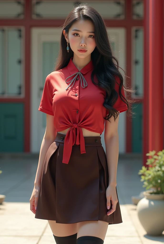 Young woman, Twenty years old, Black hair, beautiful face, Asian style, Fair Skin, Big breasts,Thin waist, Big butt, Wearing a Chinese teacher's outfit, Legs wearing black stockings, behind school, Realistic style