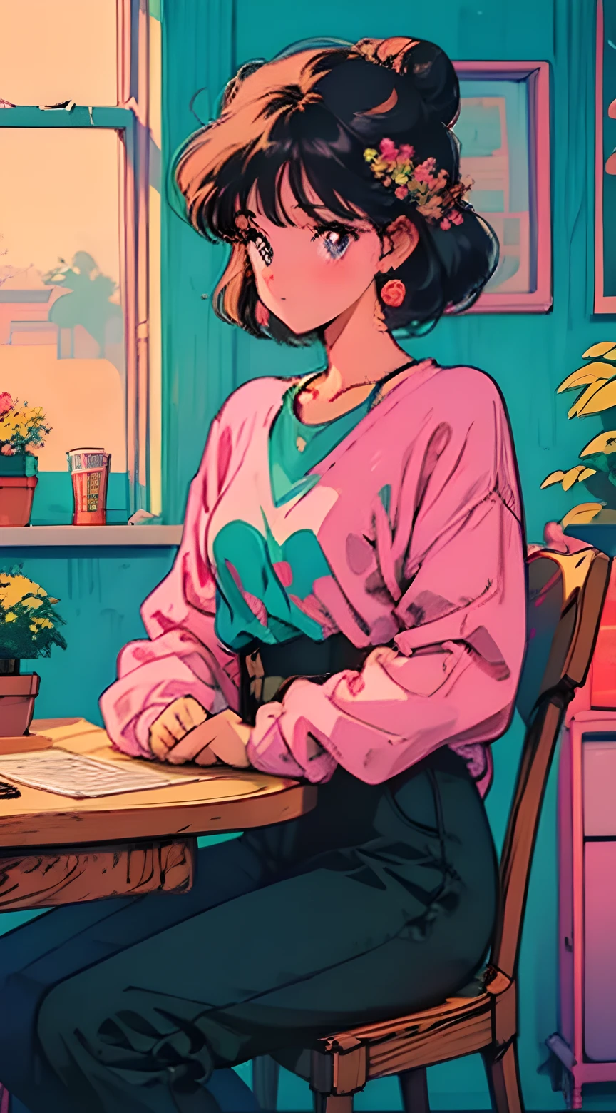 City Pop　chill　night　retro　night scene　the 90s　purple　pink　room　reading　lofi 　The person is small　dusk　profile　Large background　1 person　lo-fi　Lo-Fi Girls　dim　bokeh　Pale Light　whole body　(solo: 1.5) alone 1girl, plant, cat, cup, sitting, potted plant, laptop, hair bun, solo, computers, single hair bun, table, wide shot, long sleeves, black hair, stool, holding cup, holding, indoors, chair, flower, window, aqua shirt, air conditioner, sweater, shirt, bowl, electric fan, short hair, mug, profile