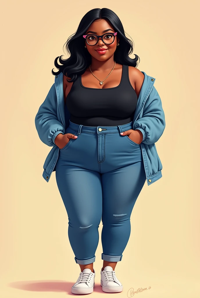 CREATE A DISNEY PIXAR DRAWING WOMAN 3 SLIGHTLY OVERWEIGHT BLACK SKIN WEARING RIBAN STYLE GLASSES LONG STRAIGHT BLACK HAIR WEARING JEANS PANTS BLACK TOP JEANS JACKET WHITE SNEAKERS