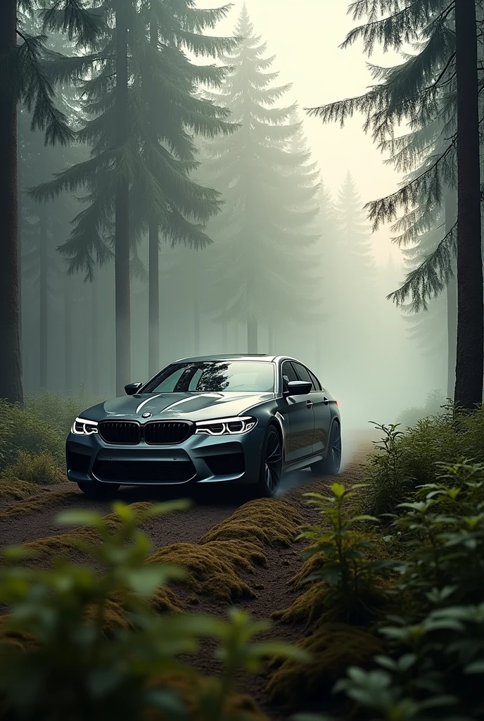BMW M5 F90 in Russian forest in the morning
