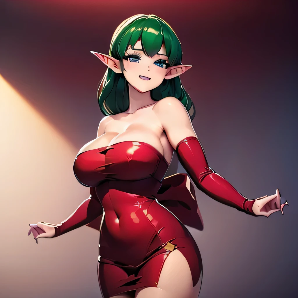  ((masterpiece,best quality,ultra-delicate,Perfect Face,16k,high resolution,very beautiful girl)),green hair,Red strapless bodycon tube dress with red huge bow ,Red long arm sleeves,Elf Girl,large Breasts,blue eyes,very fine smile,20 years old,tring to hug