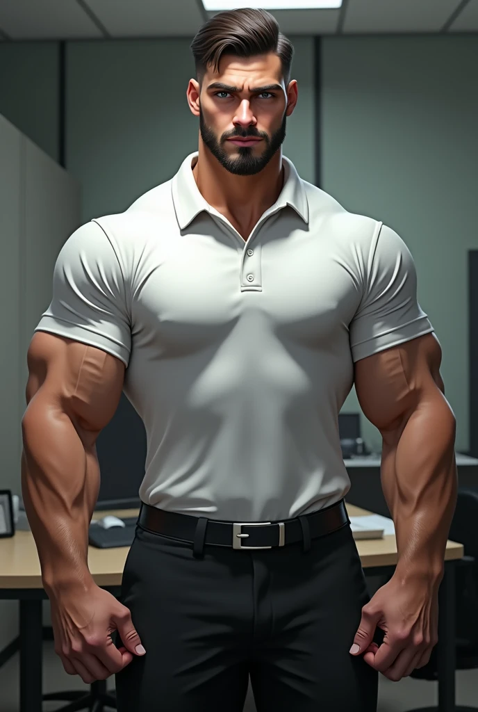 (arm face:1.3) , handsome young man standing, (has a goatee: 0.8) , (shorth hair:1.2), the forearms are muscular., (white polo shirt :1.2), (black jersey:1.2),black pants, big muscles, handsome and muscular, full body angle, (Working in the office:1.1) black sadness