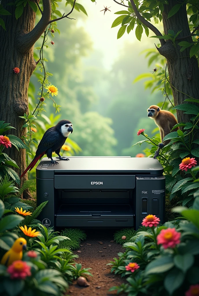 an ecological printer model epson in the jungle surrounded by animals
