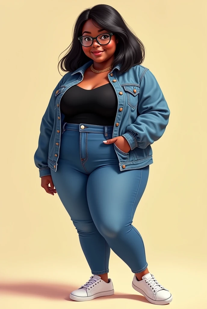 CREATE A DISNEY PIXAR DRAWING WOMAN 3 Slightly overweight BLACK SKIN WEARING RIBBON STYLE GLASSES BLACK HAIR STRAIGHT ON THE SHOULDER WEARING JEANS PANTS BLACK TOP JEANS JACKET WHITE SNEAKERS 