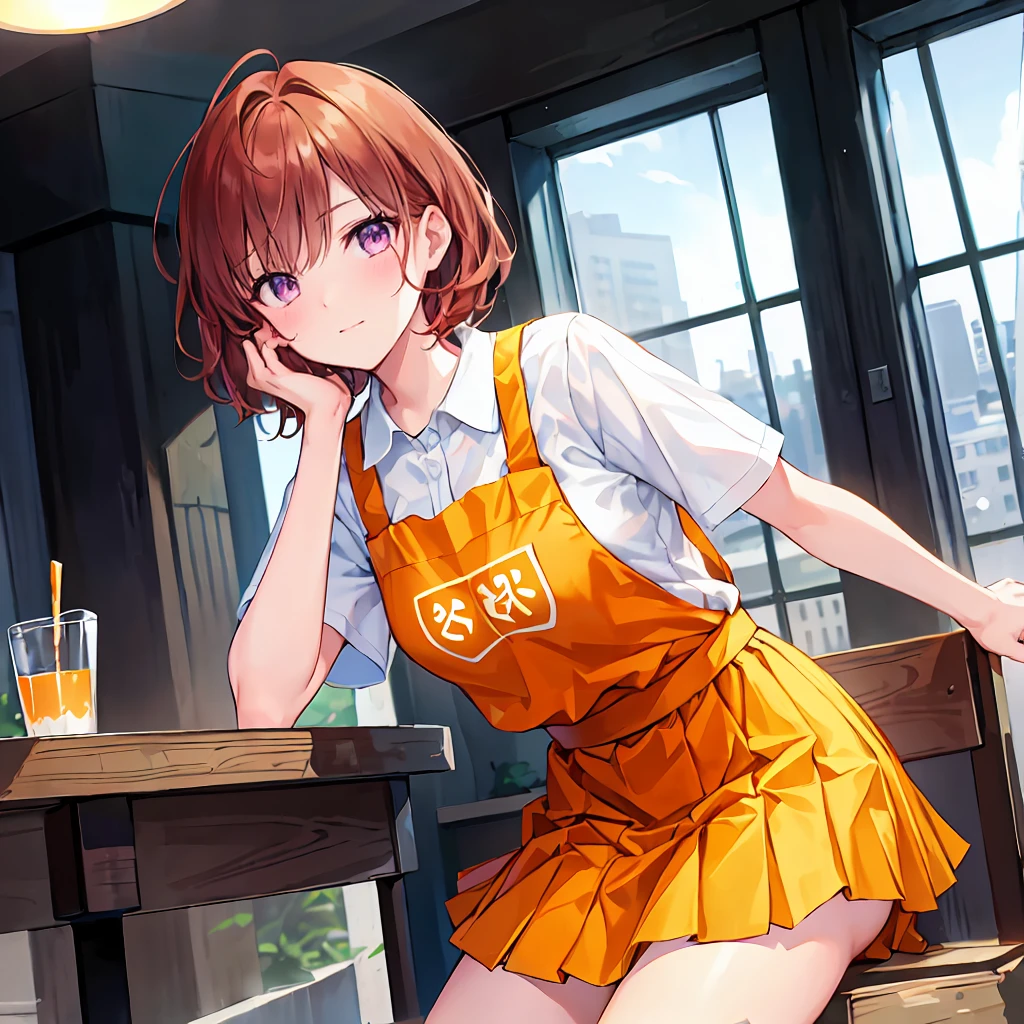 ((Browsing Caution:1.2)),(masterpiece:1.2, Highest quality), (Realistic, photoRealistic:1.4),((throw:1.2)), Beautiful illustrations, (Natural Side Lighting, Cinema Lighting),Looking at the audience, Face Focus, 1 female,(alone),Perfect Face, Perfect body, Symmetrical cute face, Glowing Skin, , Purple eyes, Captivating thighs:1.2，thin,((Leaning forward)),Beautiful Hair, Beautiful Face, thin and beautiful eyes, Beautiful clavicle, Beautiful body, ((Sharp and beautiful)),Beautiful thick thighs, Beautiful feet, Beautiful fingers, ((White short sleeve shirt,Orange Pleated Skirt,Orange Apron)),(Looking at the viewer with a blushing smile),At a restaurant，Sit on a chair,Low Angle,Auburn Hair、choker，Brown Hair，Shortcuts，Messy Hair，Slender beauty，A dignified posture，Small chest，Beautiful feet，