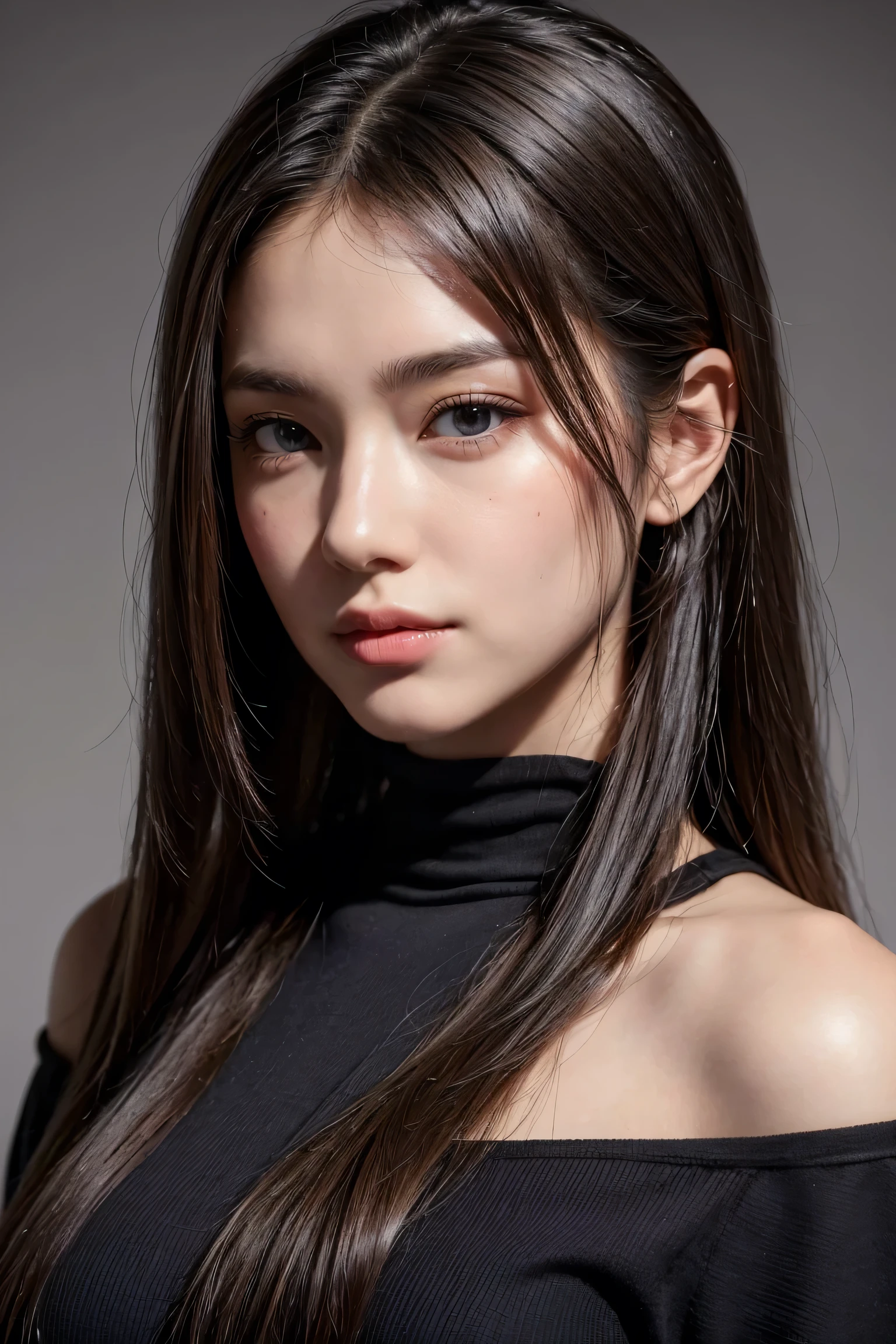 1 girl, long hair, medium bust, black shirt, slight smile, detailed skin, pores, simple background, (best quality,4k,8k,highres,masterpiece:1.2),ultra-detailed,(realistic,photorealistic,photo-realistic:1.37),portrait,natural lighting,warm color tone