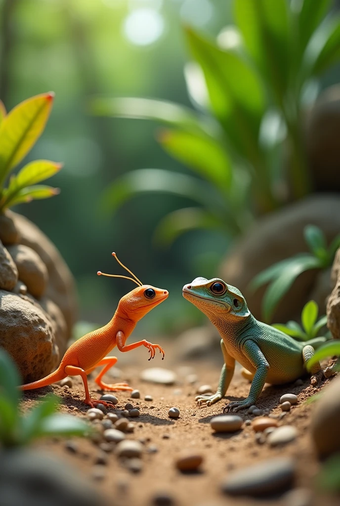 I want several photos of an ant and a lizard walking together and crossing paths face to face